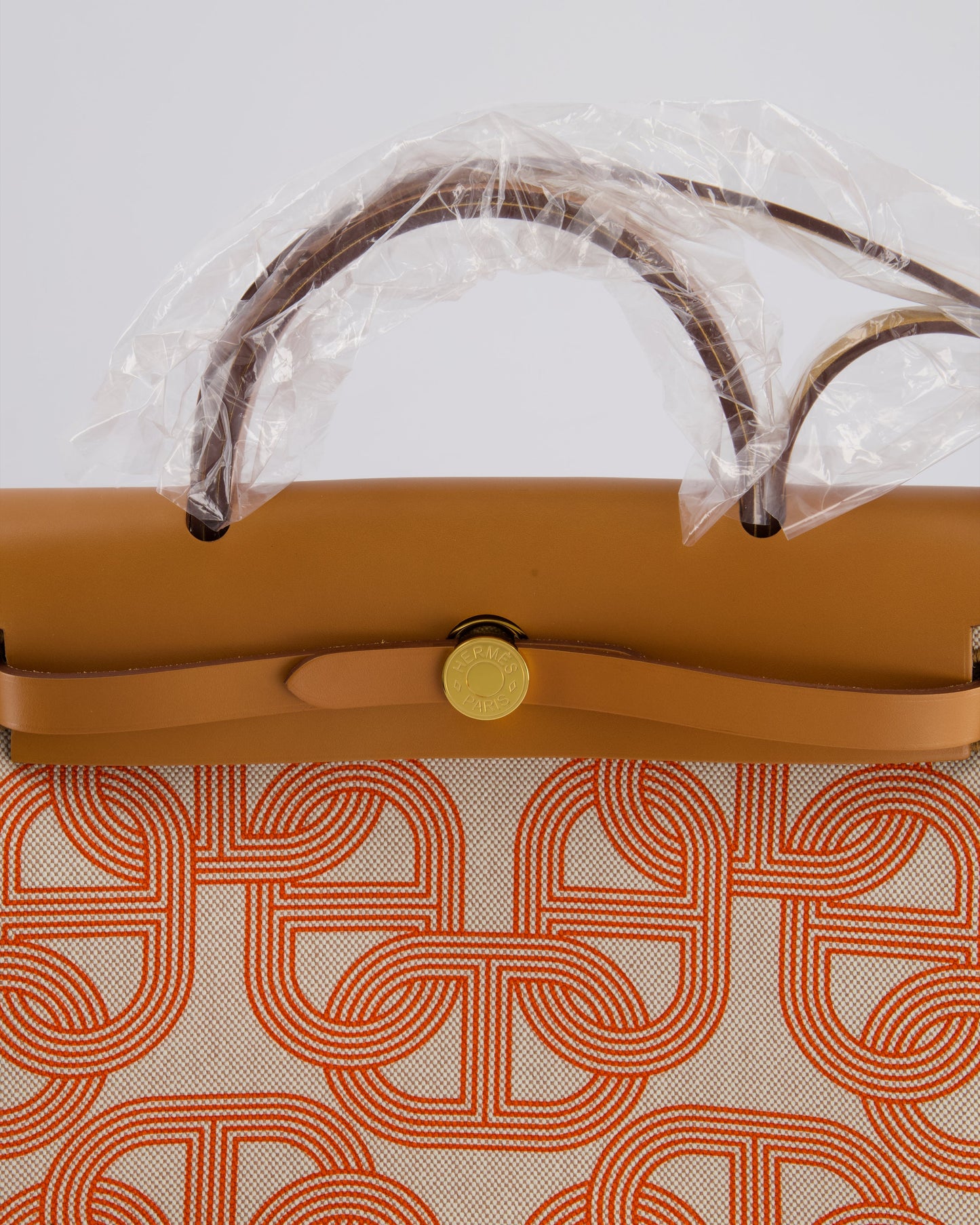 Hermès Herbag Zip Retourne 31 Chaine D'Ancre Bag in Orange Mécano & Ecru Quadrille Toille Canvas, Natural Hunter Leather with Gold Hardware