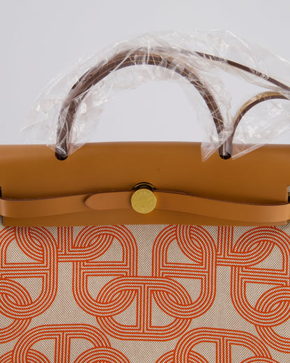 Hermès Herbag Zip Retourne 31 Chaine D'Ancre Bag in Orange Mécano & Ecru Quadrille Toille Canvas, Natural Hunter Leather with Gold Hardware