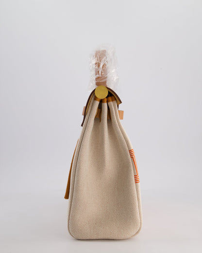 Hermès Herbag Zip Retourne 31 Chaine D'Ancre Bag in Orange Mécano & Ecru Quadrille Toille Canvas, Natural Hunter Leather with Gold Hardware