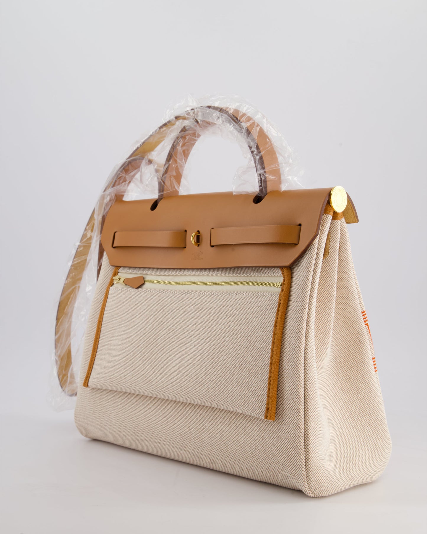 Hermès Herbag Zip Retourne 31 Chaine D'Ancre Bag in Orange Mécano & Ecru Quadrille Toille Canvas, Natural Hunter Leather with Gold Hardware