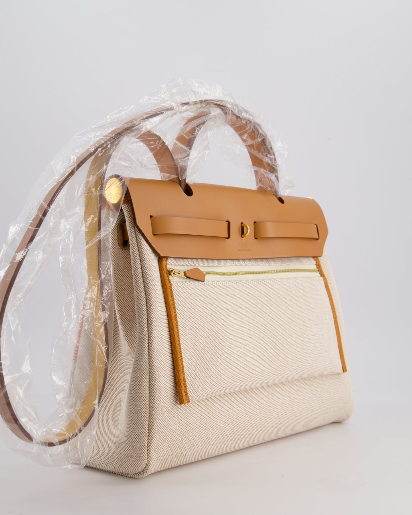 Hermès Herbag Zip Retourne 31 Chaine D'Ancre Bag in Orange Mécano & Ecru Quadrille Toille Canvas, Natural Hunter Leather with Gold Hardware