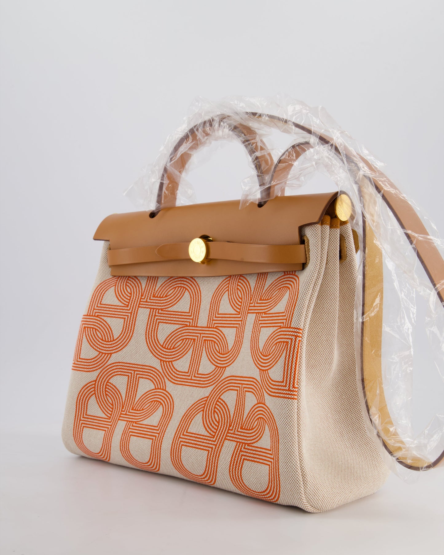 Hermès Herbag Zip Retourne 31 Chaine D'Ancre Bag in Orange Mécano & Ecru Quadrille Toille Canvas, Natural Hunter Leather with Gold Hardware