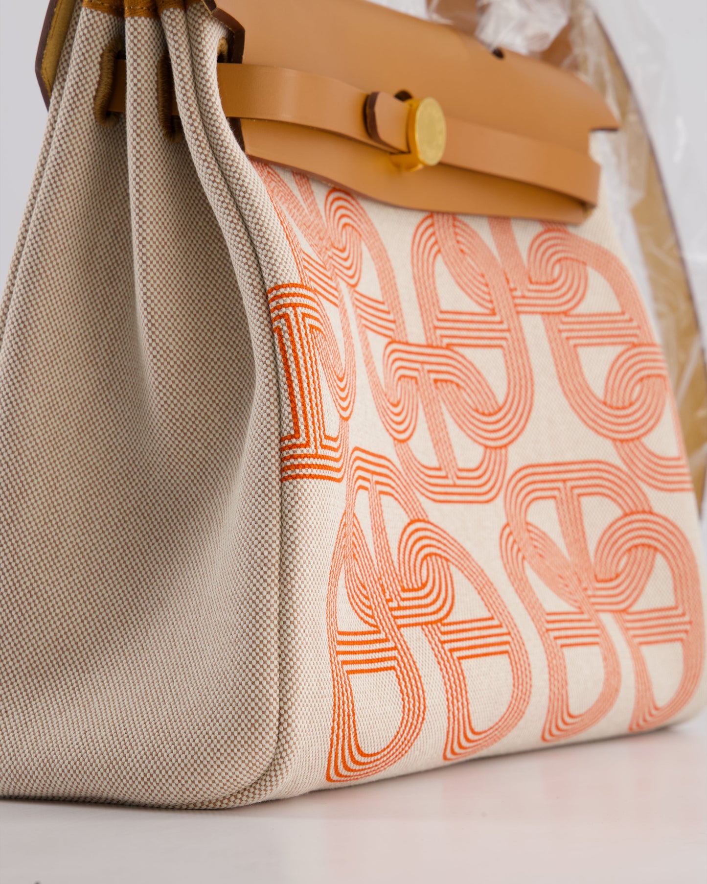 Hermès Herbag Zip Retourne 31 Chaine D'Ancre Bag in Orange Mécano & Ecru Quadrille Toille Canvas, Natural Hunter Leather with Gold Hardware