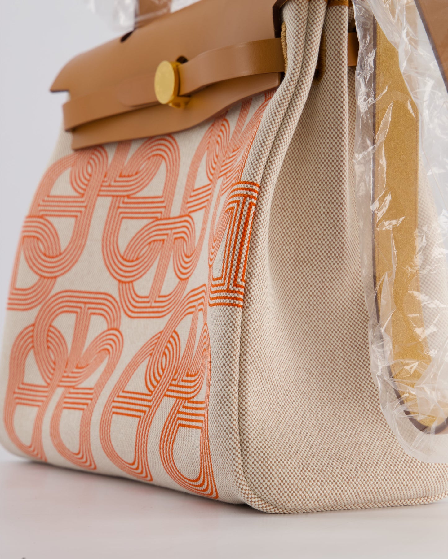 Hermès Herbag Zip Retourne 31 Chaine D'Ancre Bag in Orange Mécano & Ecru Quadrille Toille Canvas, Natural Hunter Leather with Gold Hardware