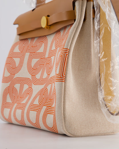Hermès Herbag Zip Retourne 31 Chaine D'Ancre Bag in Orange Mécano & Ecru Quadrille Toille Canvas, Natural Hunter Leather with Gold Hardware