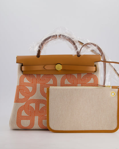 Hermès Herbag Zip Retourne 31 Chaine D'Ancre Bag in Orange Mécano & Ecru Quadrille Toille Canvas, Natural Hunter Leather with Gold Hardware