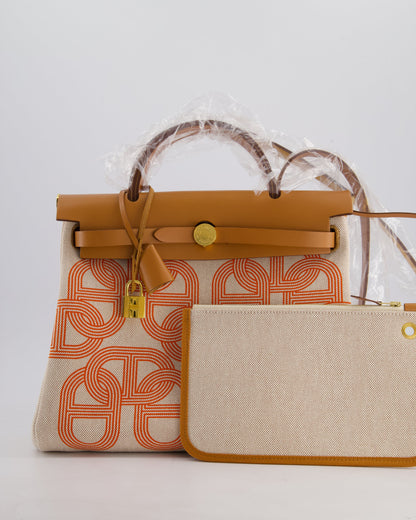 Hermès Herbag Zip Retourne 31 Chaine D'Ancre Bag in Orange Mécano & Ecru Quadrille Toille Canvas, Natural Hunter Leather with Gold Hardware