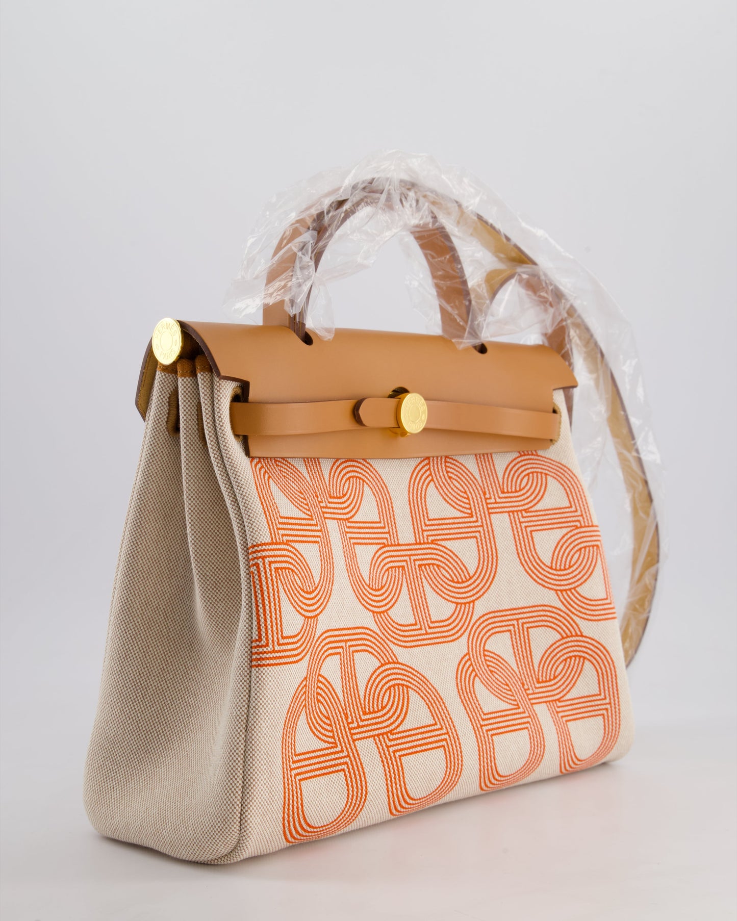 Hermès Herbag Zip Retourne 31 Chaine D'Ancre Bag in Orange Mécano & Ecru Quadrille Toille Canvas, Natural Hunter Leather with Gold Hardware