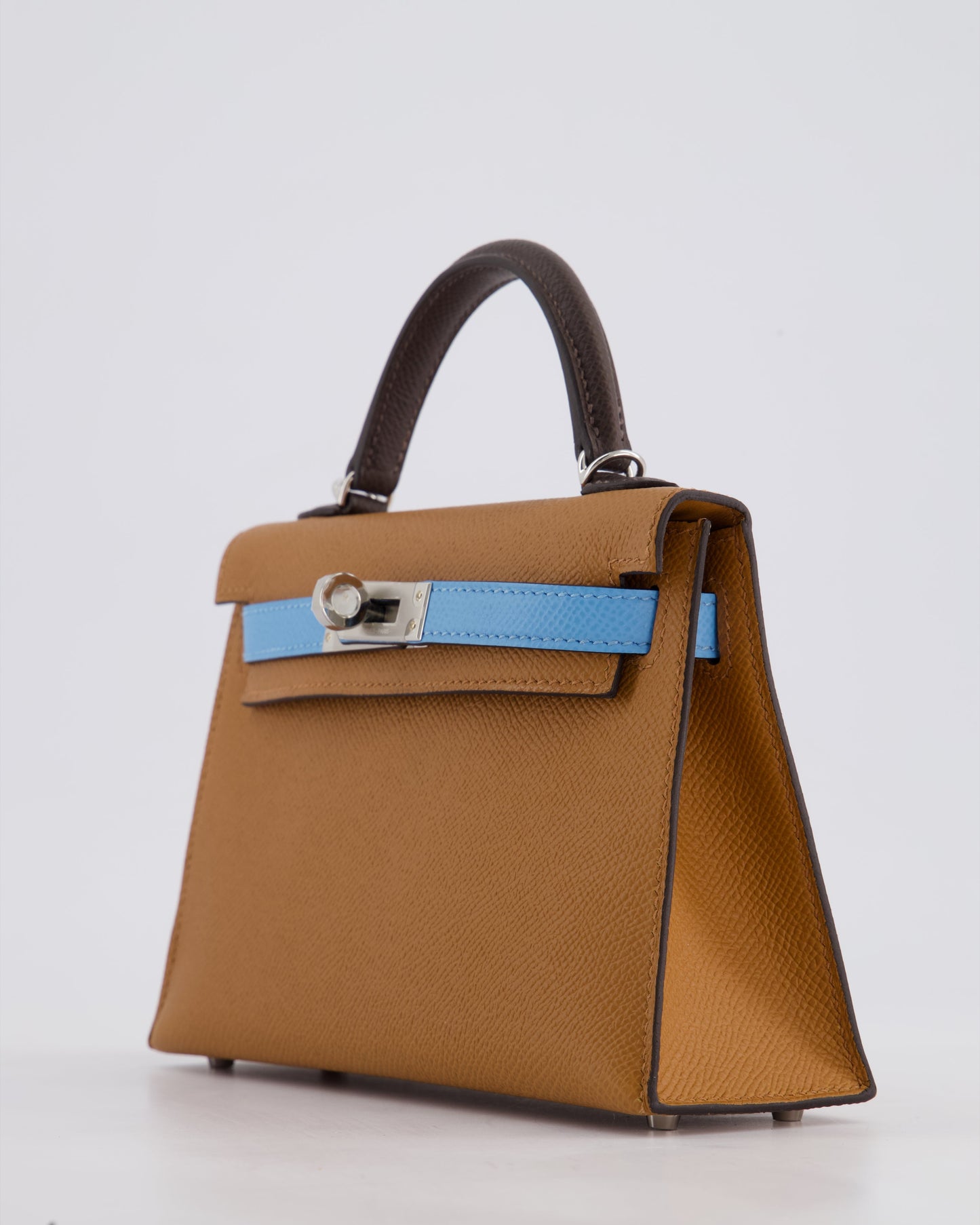 *RARE* Hermès Mini Kelly II Tricolour 20cm Bag In Gold, Ebene and Bleu Celeste Epsom Leather with Palladium Hardware