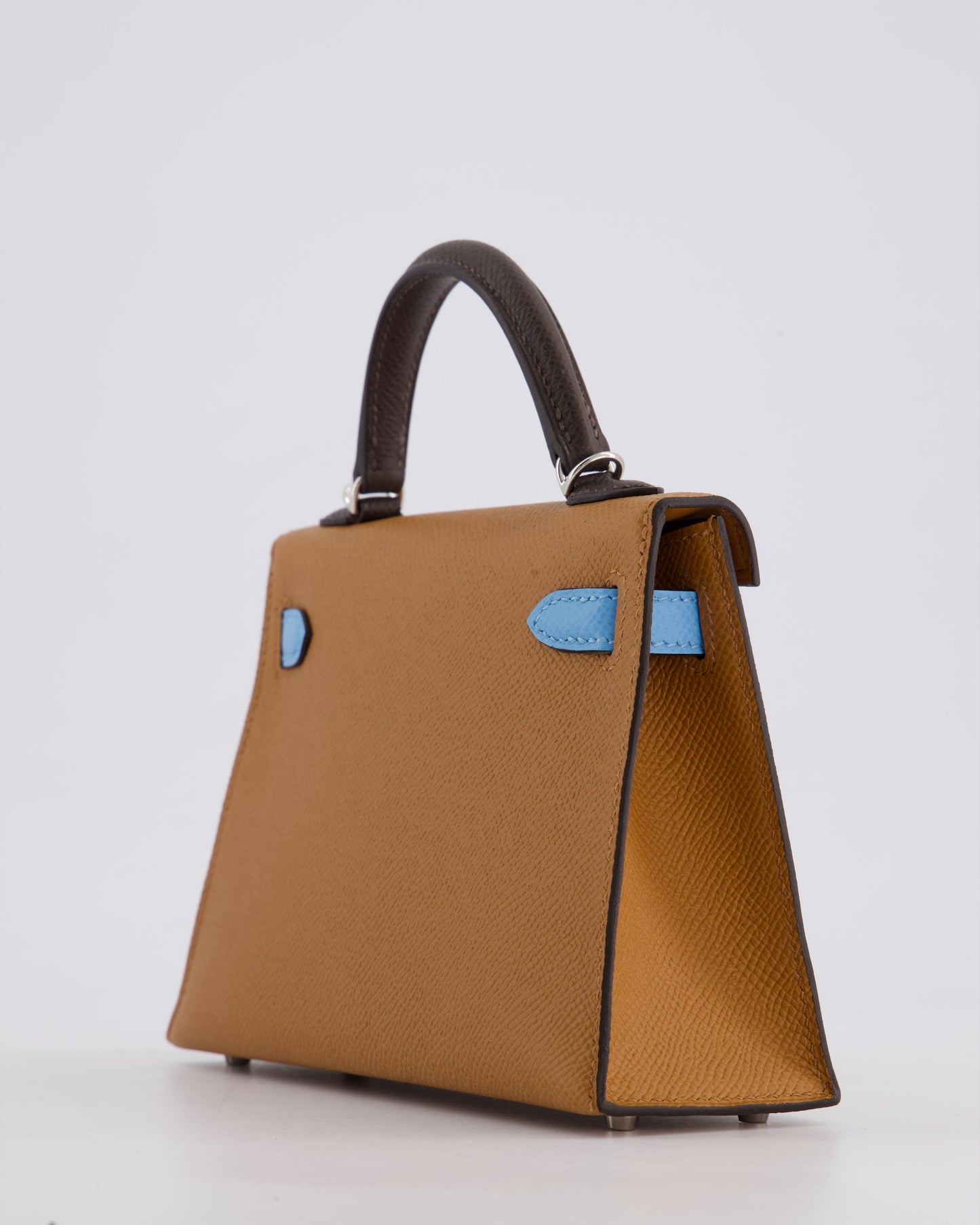 *RARE* Hermès Mini Kelly II Tricolour 20cm Bag In Gold, Ebene and Bleu Celeste Epsom Leather with Palladium Hardware