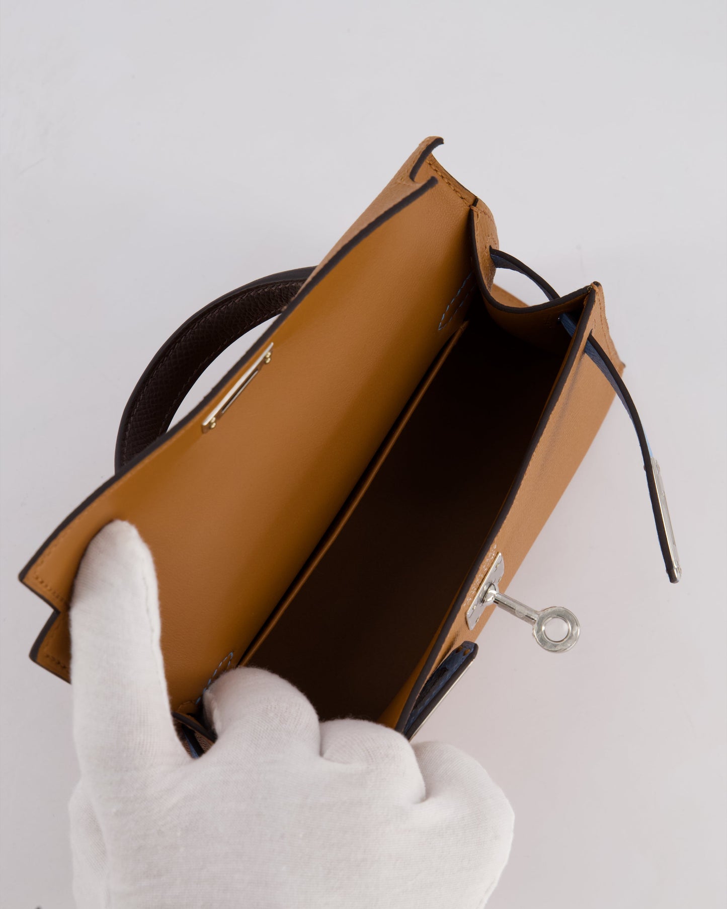 *RARE* Hermès Mini Kelly II Tricolour 20cm Bag In Gold, Ebene and Bleu Celeste Epsom Leather with Palladium Hardware