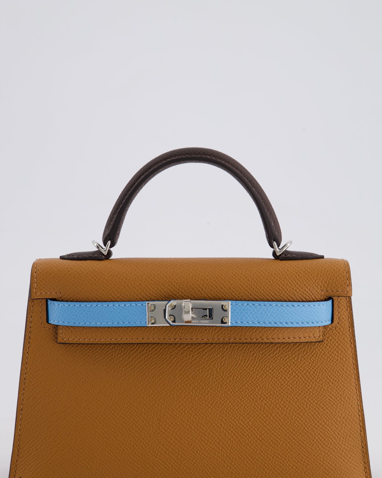 *RARE* Hermès Mini Kelly II Tricolour 20cm Bag In Gold, Ebene and Bleu Celeste Epsom Leather with Palladium Hardware