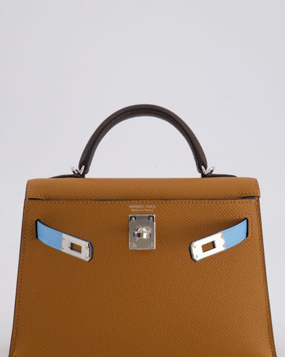 *RARE* Hermès Mini Kelly II Tricolour 20cm Bag In Gold, Ebene and Bleu Celeste Epsom Leather with Palladium Hardware