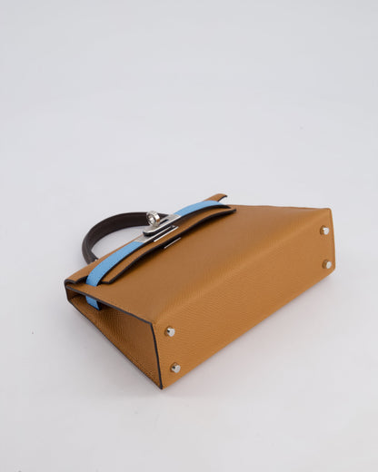 *RARE* Hermès Mini Kelly II Tricolour 20cm Bag In Gold, Ebene and Bleu Celeste Epsom Leather with Palladium Hardware