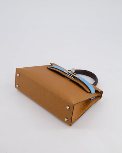 *RARE* Hermès Mini Kelly II Tricolour 20cm Bag In Gold, Ebene and Bleu Celeste Epsom Leather with Palladium Hardware