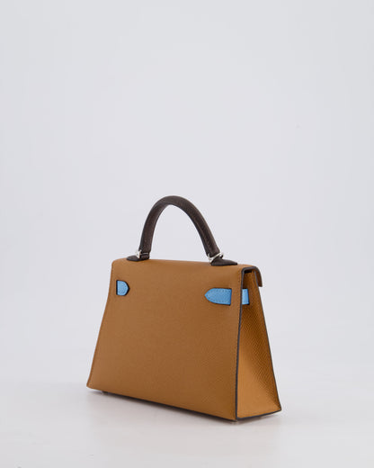 *RARE* Hermès Mini Kelly II Tricolour 20cm Bag In Gold, Ebene and Bleu Celeste Epsom Leather with Palladium Hardware