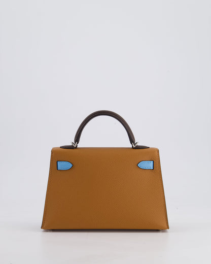 *RARE* Hermès Mini Kelly II Tricolour 20cm Bag In Gold, Ebene and Bleu Celeste Epsom Leather with Palladium Hardware