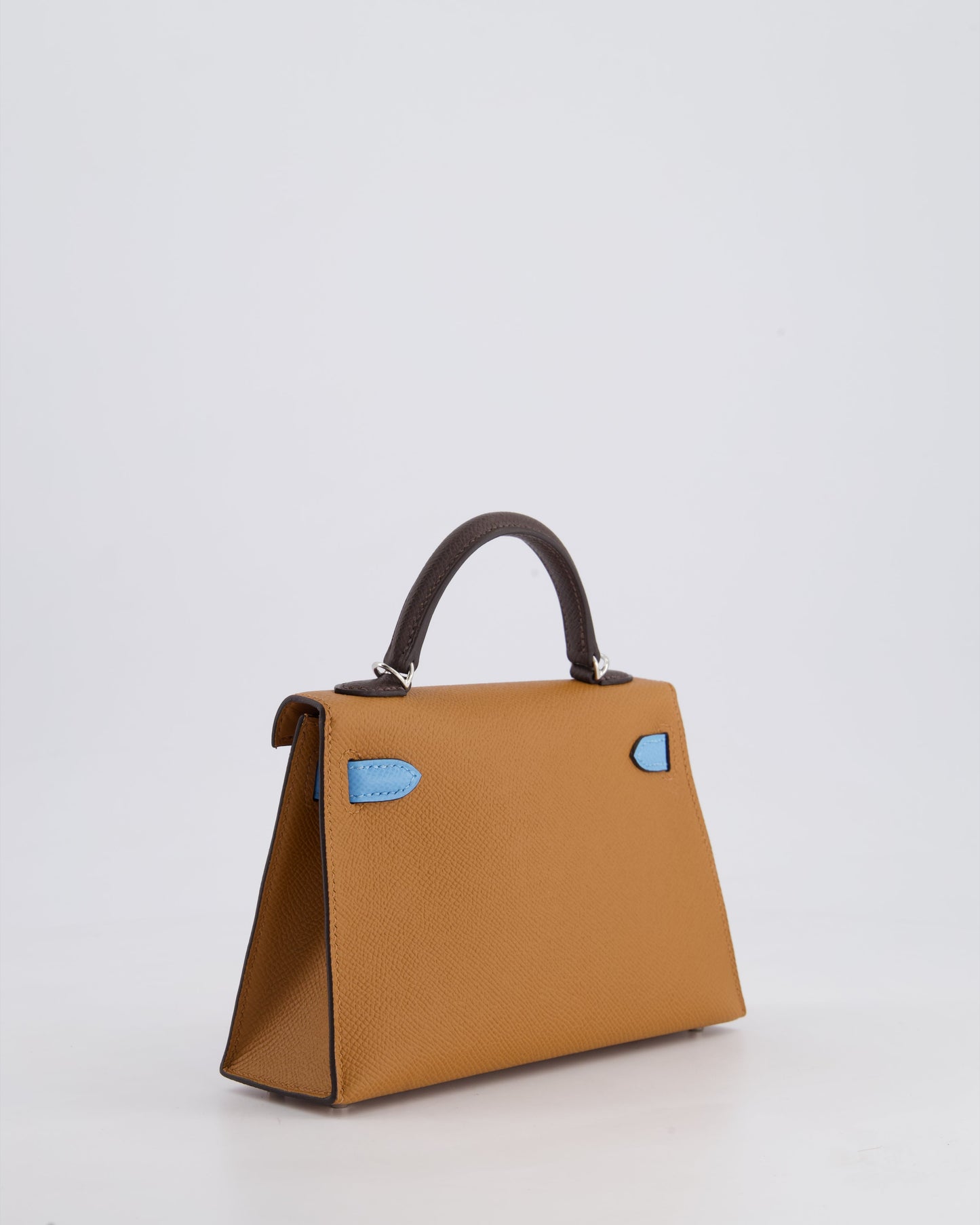*RARE* Hermès Mini Kelly II Tricolour 20cm Bag In Gold, Ebene and Bleu Celeste Epsom Leather with Palladium Hardware