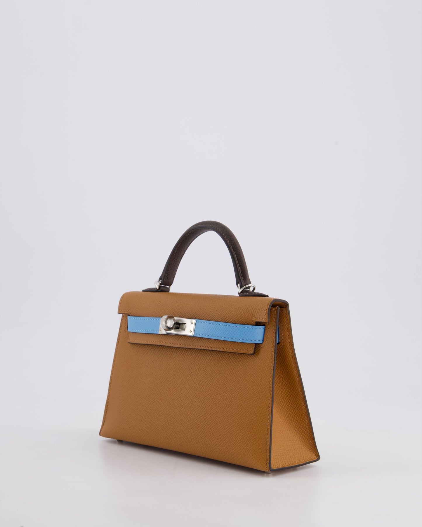 *RARE* Hermès Mini Kelly II Tricolour 20cm Bag In Gold, Ebene and Bleu Celeste Epsom Leather with Palladium Hardware