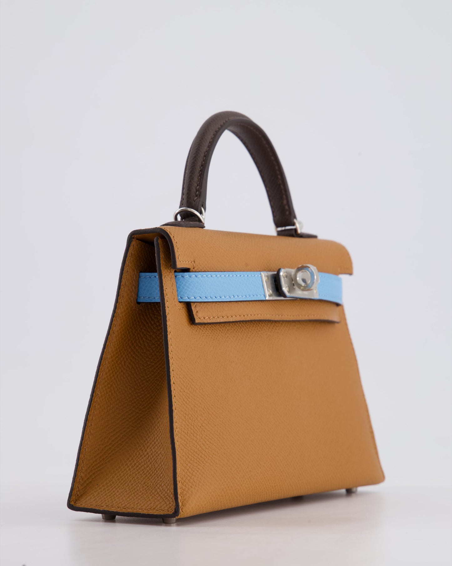 *RARE* Hermès Mini Kelly II Tricolour 20cm Bag In Gold, Ebene and Bleu Celeste Epsom Leather with Palladium Hardware
