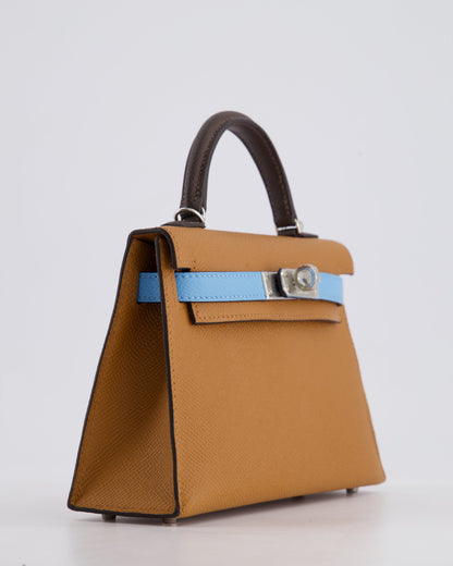 *RARE* Hermès Mini Kelly II Tricolour 20cm Bag In Gold, Ebene and Bleu Celeste Epsom Leather with Palladium Hardware