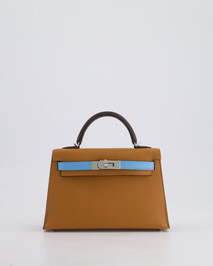 *RARE* Hermès Mini Kelly II Tricolour 20cm Bag In Gold, Ebene and Bleu Celeste Epsom Leather with Palladium Hardware