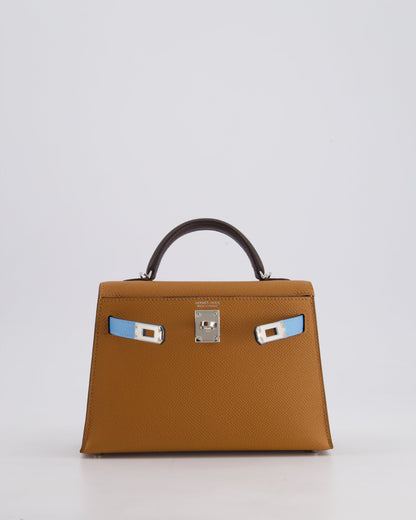*RARE* Hermès Mini Kelly II Tricolour 20cm Bag In Gold, Ebene and Bleu Celeste Epsom Leather with Palladium Hardware