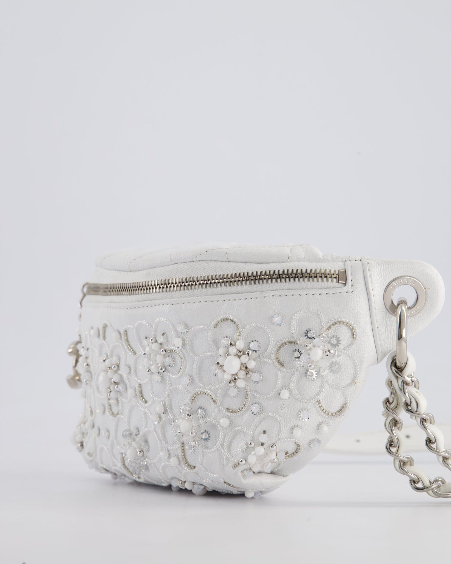 Chanel White Lambskin Leather Bum Bag with Silver Crystal Bead Embellishments and Silver Hardware RRP £4,660