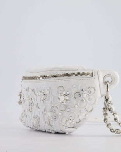 Chanel White Lambskin Leather Bum Bag with Silver Crystal Bead Embellishments and Silver Hardware RRP £4,660