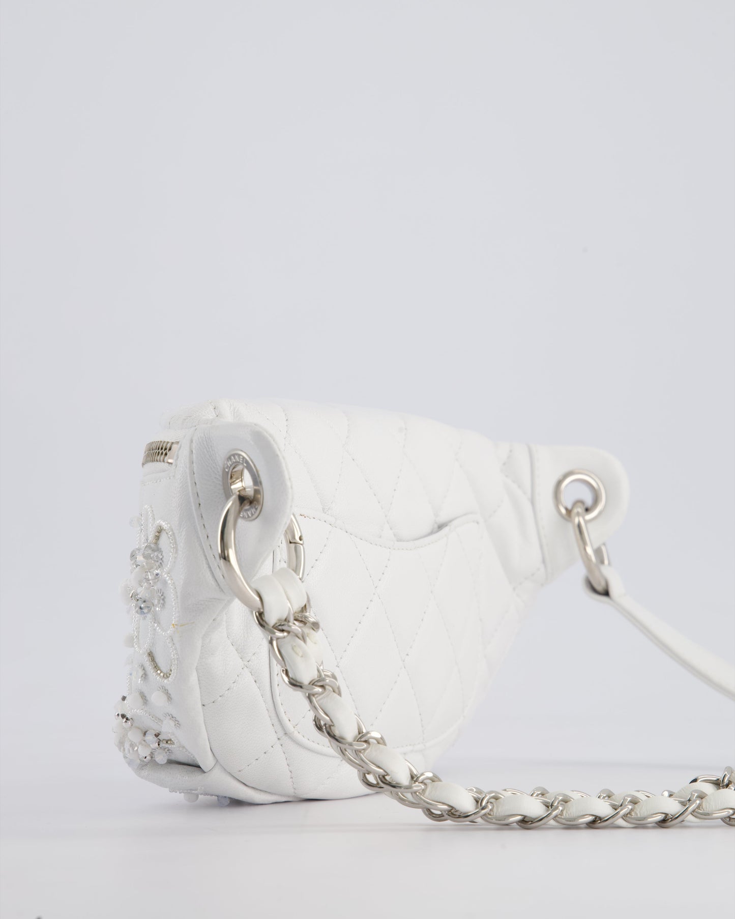 Chanel White Lambskin Leather Bum Bag with Silver Crystal Bead Embellishments and Silver Hardware RRP £4,660