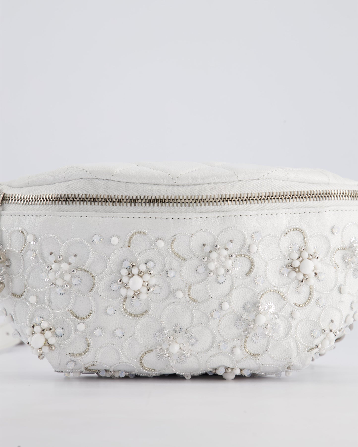 Chanel White Lambskin Leather Bum Bag with Silver Crystal Bead Embellishments and Silver Hardware RRP £4,660