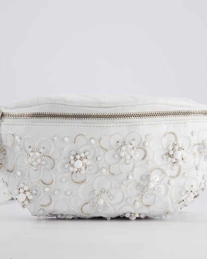 Chanel White Lambskin Leather Bum Bag with Silver Crystal Bead Embellishments and Silver Hardware RRP £4,660