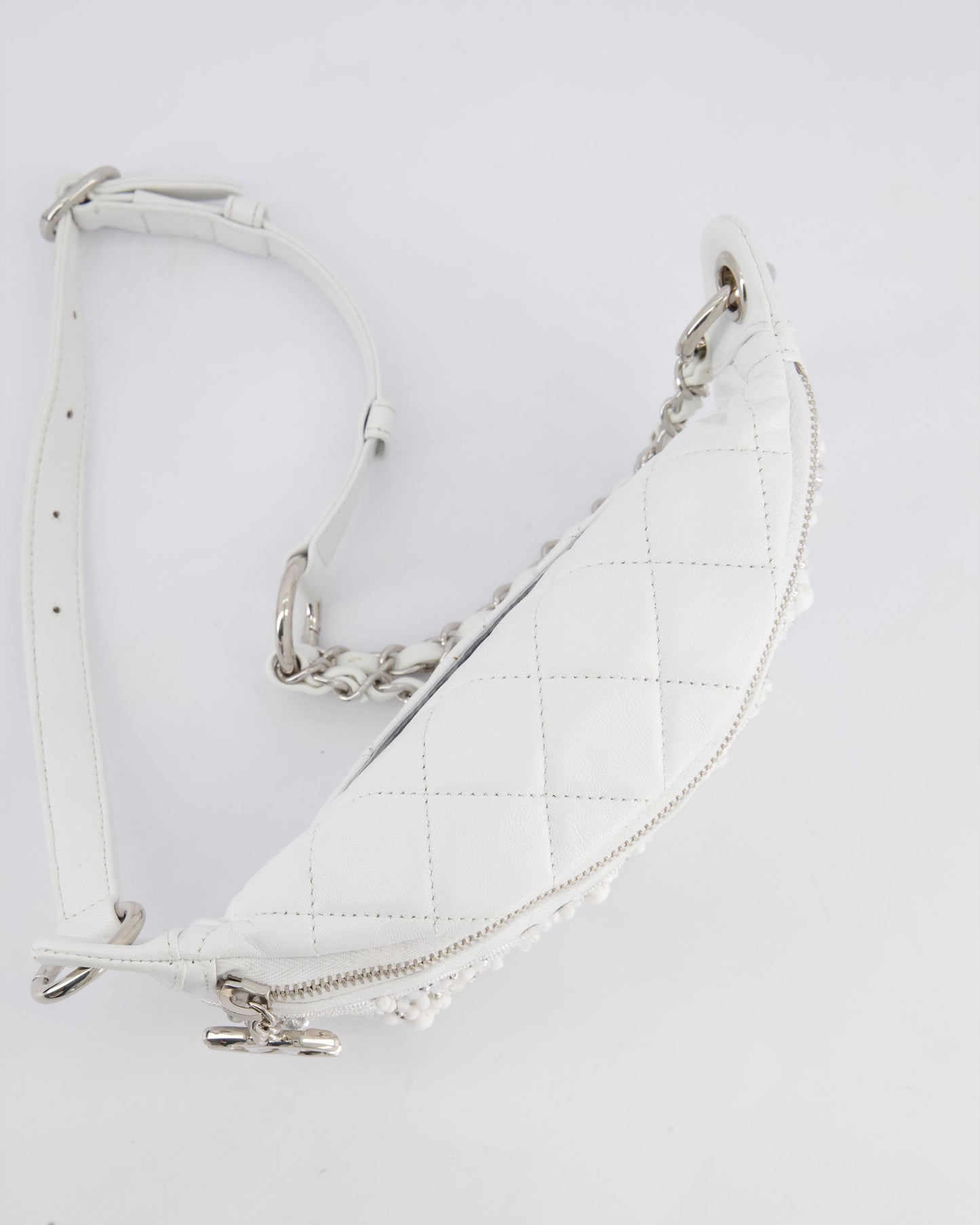 Chanel White Lambskin Leather Bum Bag with Silver Crystal Bead Embellishments and Silver Hardware RRP £4,660