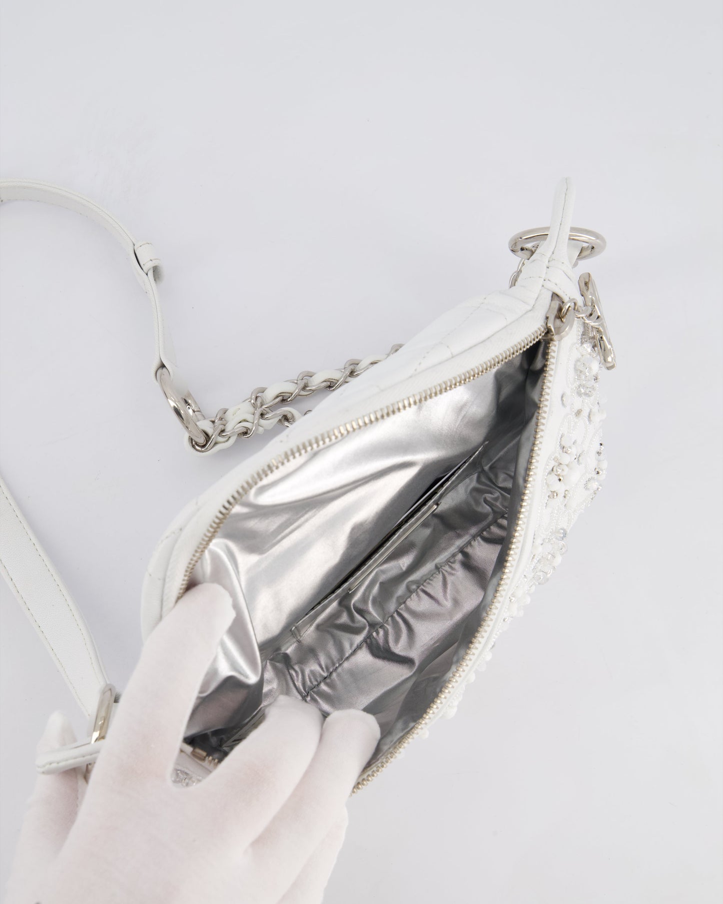Chanel White Lambskin Leather Bum Bag with Silver Crystal Bead Embellishments and Silver Hardware RRP £4,660