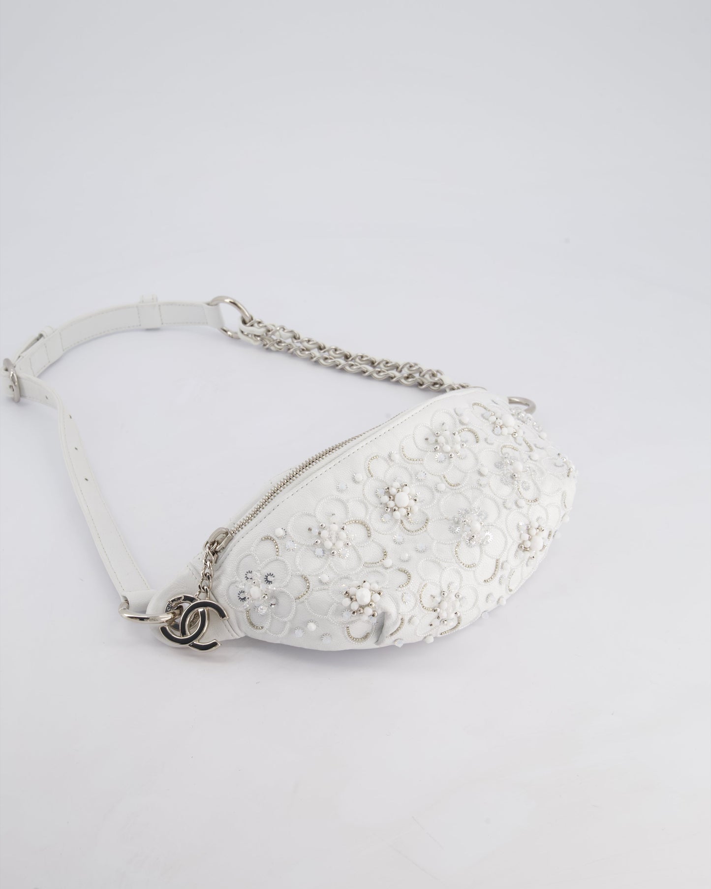 Chanel White Lambskin Leather Bum Bag with Silver Crystal Bead Embellishments and Silver Hardware RRP £4,660