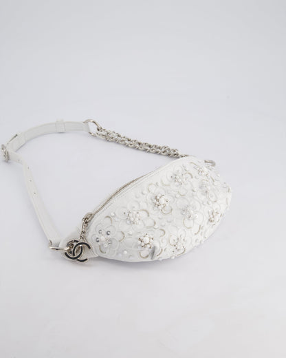 Chanel White Lambskin Leather Bum Bag with Silver Crystal Bead Embellishments and Silver Hardware RRP £4,660