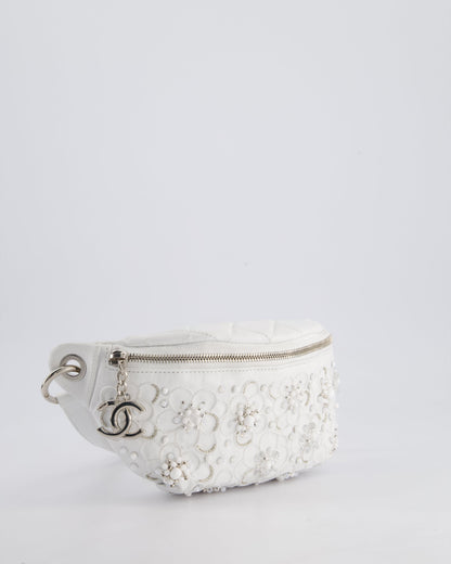 Chanel White Lambskin Leather Bum Bag with Silver Crystal Bead Embellishments and Silver Hardware RRP £4,660