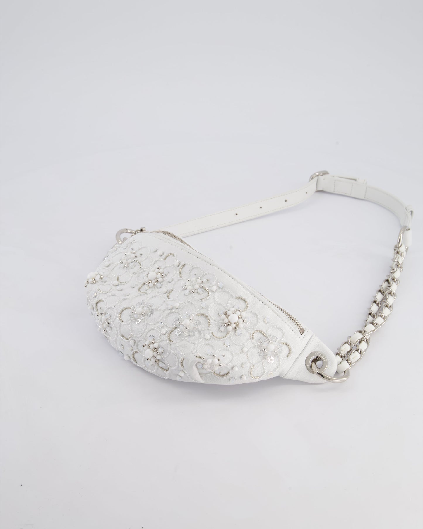 Chanel White Lambskin Leather Bum Bag with Silver Crystal Bead Embellishments and Silver Hardware RRP £4,660
