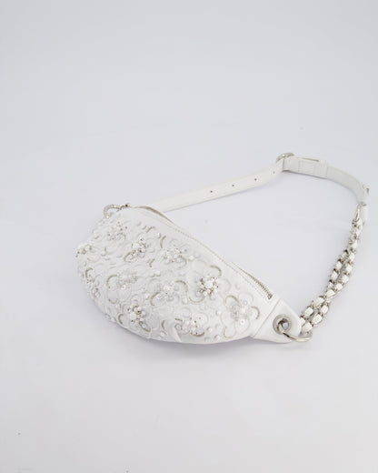 Chanel White Lambskin Leather Bum Bag with Silver Crystal Bead Embellishments and Silver Hardware RRP £4,660