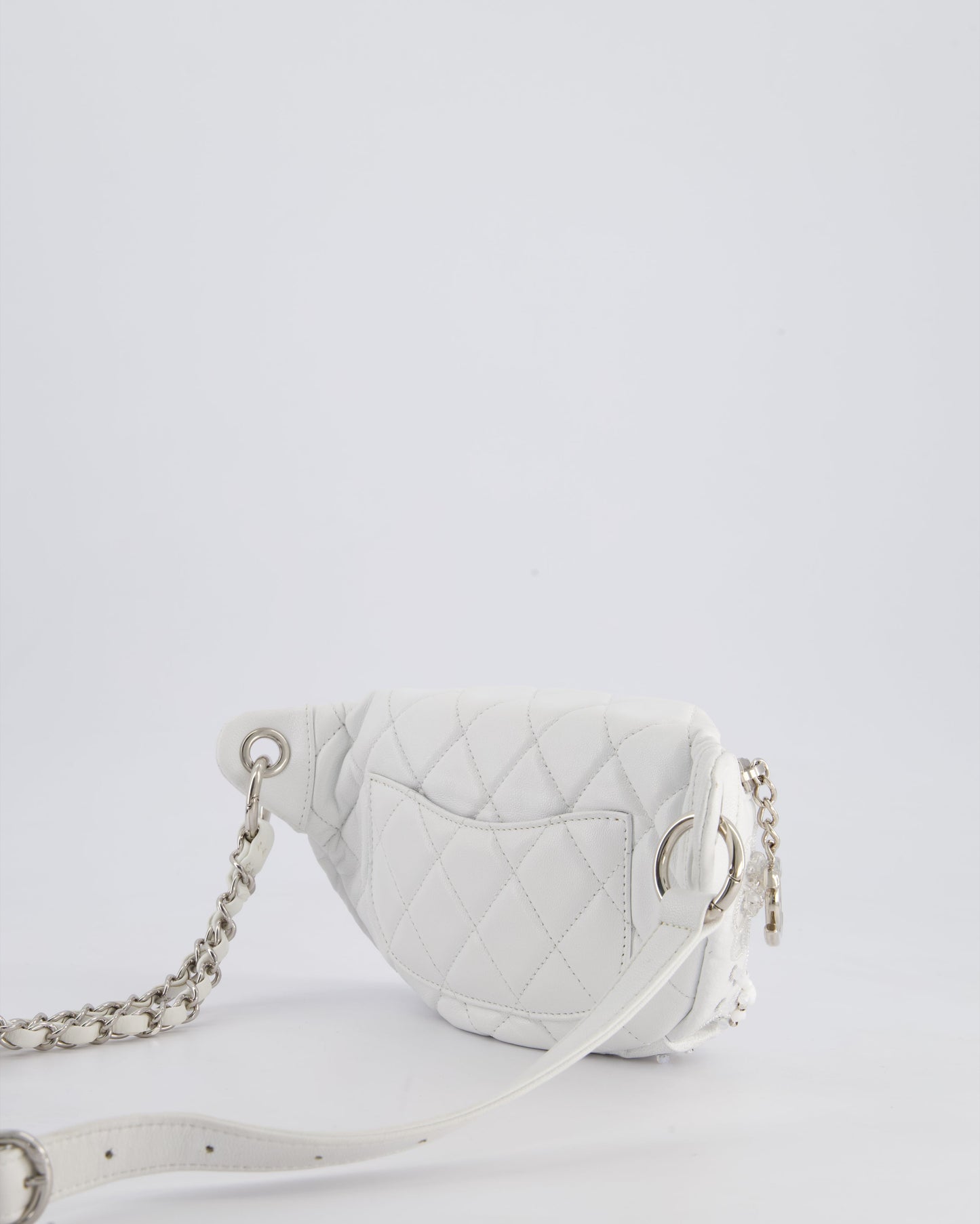 Chanel White Lambskin Leather Bum Bag with Silver Crystal Bead Embellishments and Silver Hardware RRP £4,660