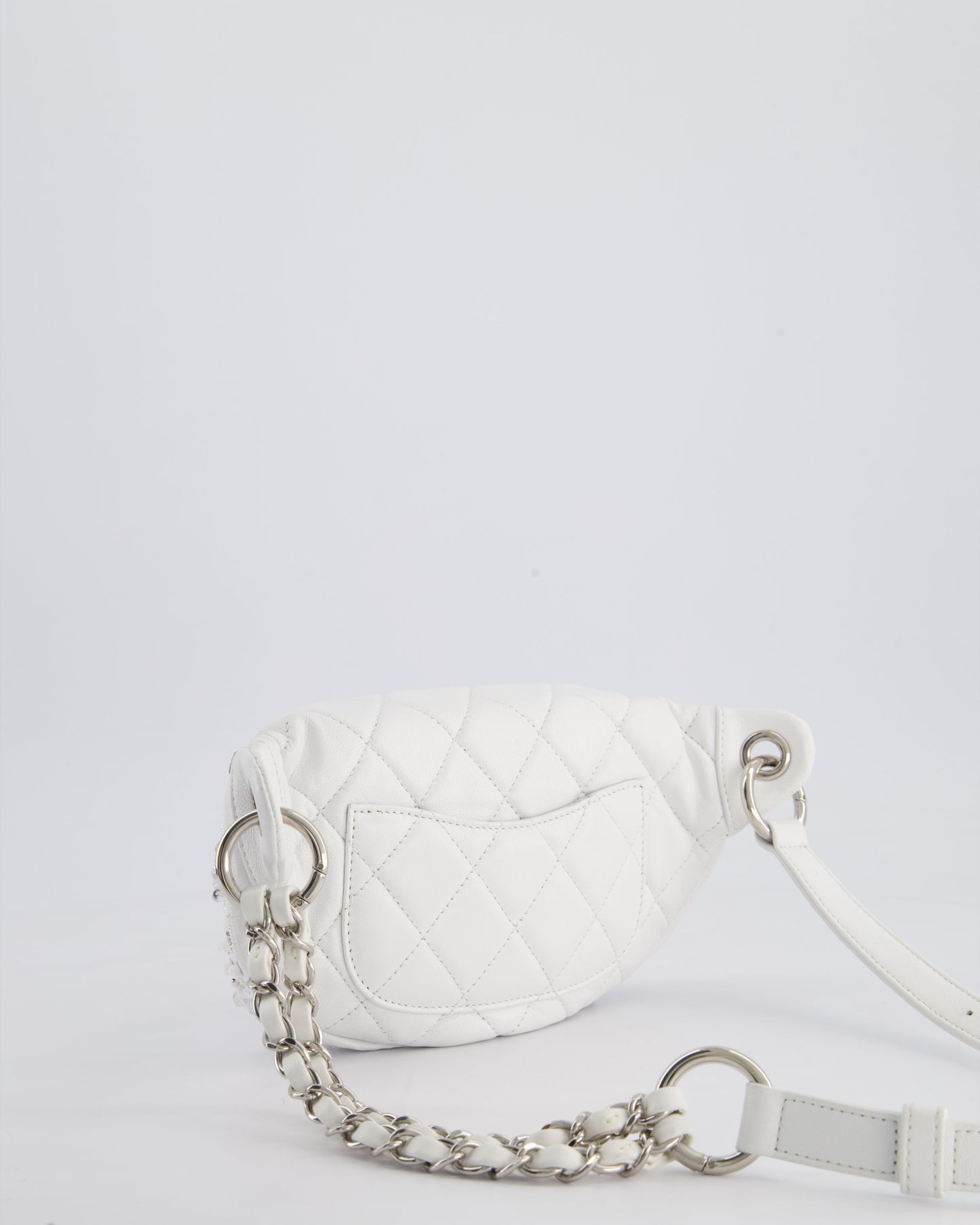 Chanel White Lambskin Leather Bum Bag with Silver Crystal Bead Embellishments and Silver Hardware RRP £4,660