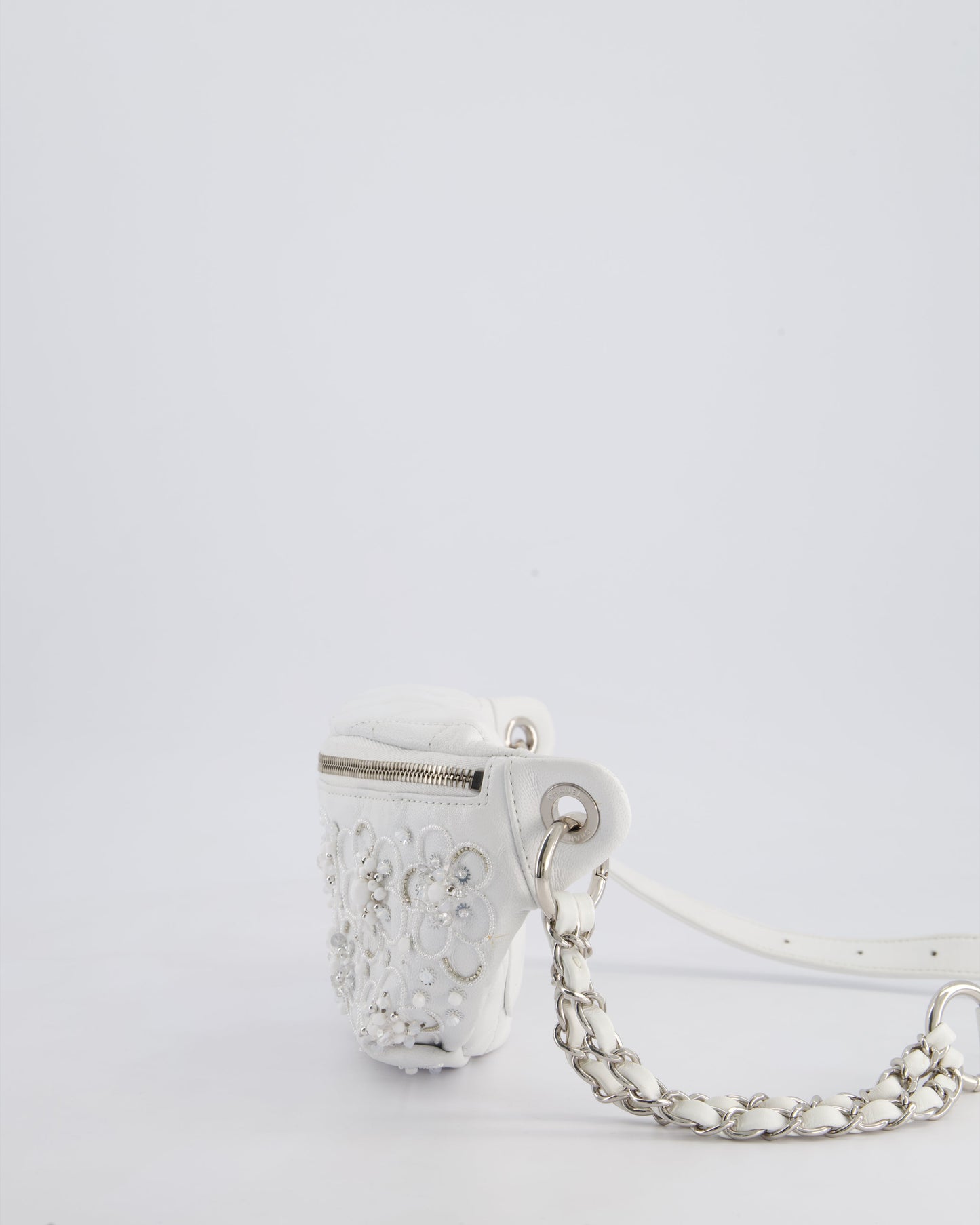 Chanel White Lambskin Leather Bum Bag with Silver Crystal Bead Embellishments and Silver Hardware RRP £4,660