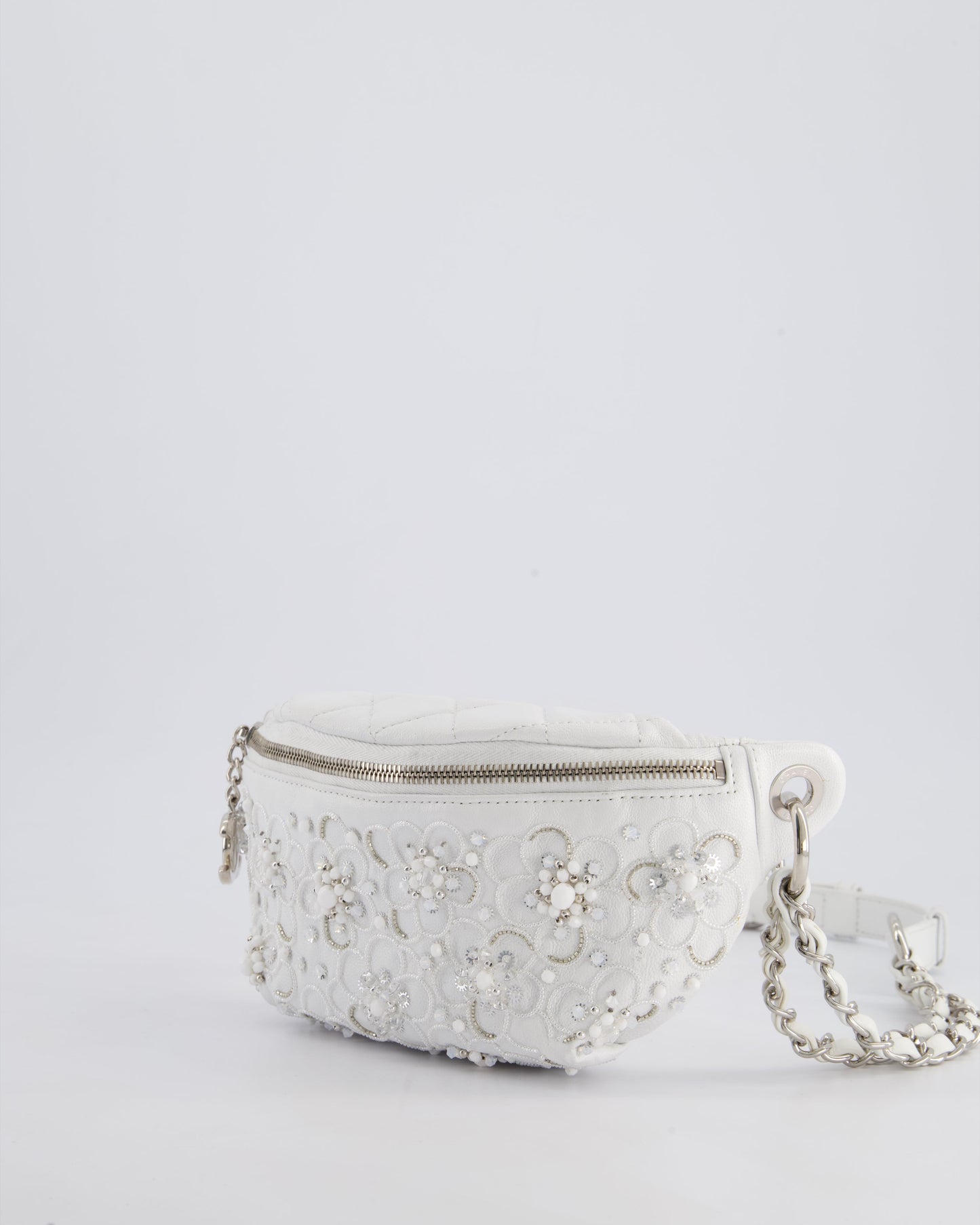 Chanel White Lambskin Leather Bum Bag with Silver Crystal Bead Embellishments and Silver Hardware RRP £4,660
