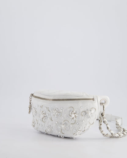 Chanel White Lambskin Leather Bum Bag with Silver Crystal Bead Embellishments and Silver Hardware RRP £4,660
