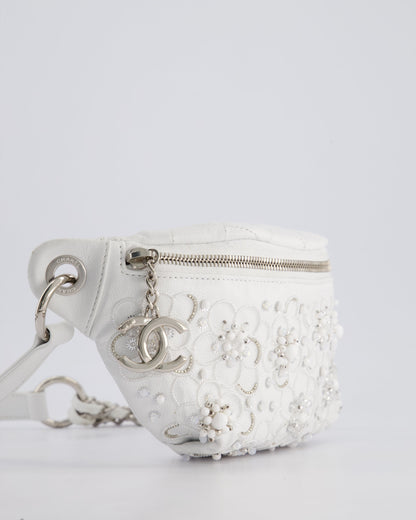Chanel White Lambskin Leather Bum Bag with Silver Crystal Bead Embellishments and Silver Hardware RRP £4,660