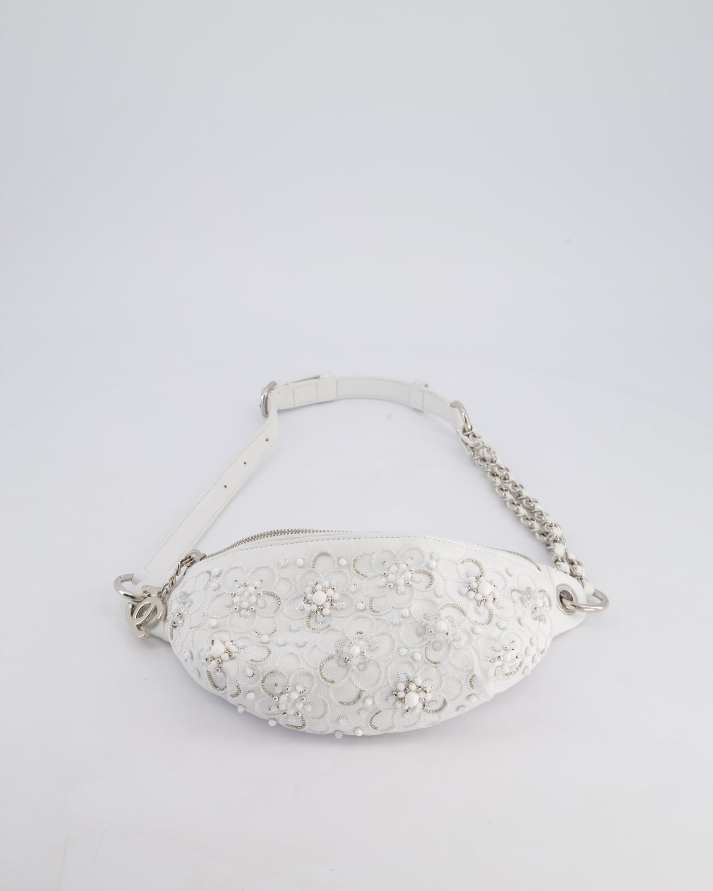 Chanel White Lambskin Leather Bum Bag with Silver Crystal Bead Embellishments and Silver Hardware RRP £4,660