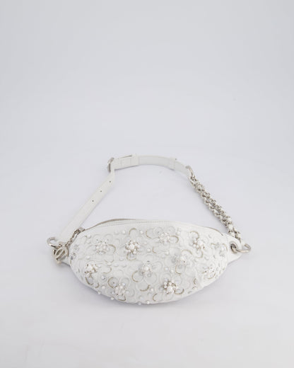 Chanel White Lambskin Leather Bum Bag with Silver Crystal Bead Embellishments and Silver Hardware RRP £4,660