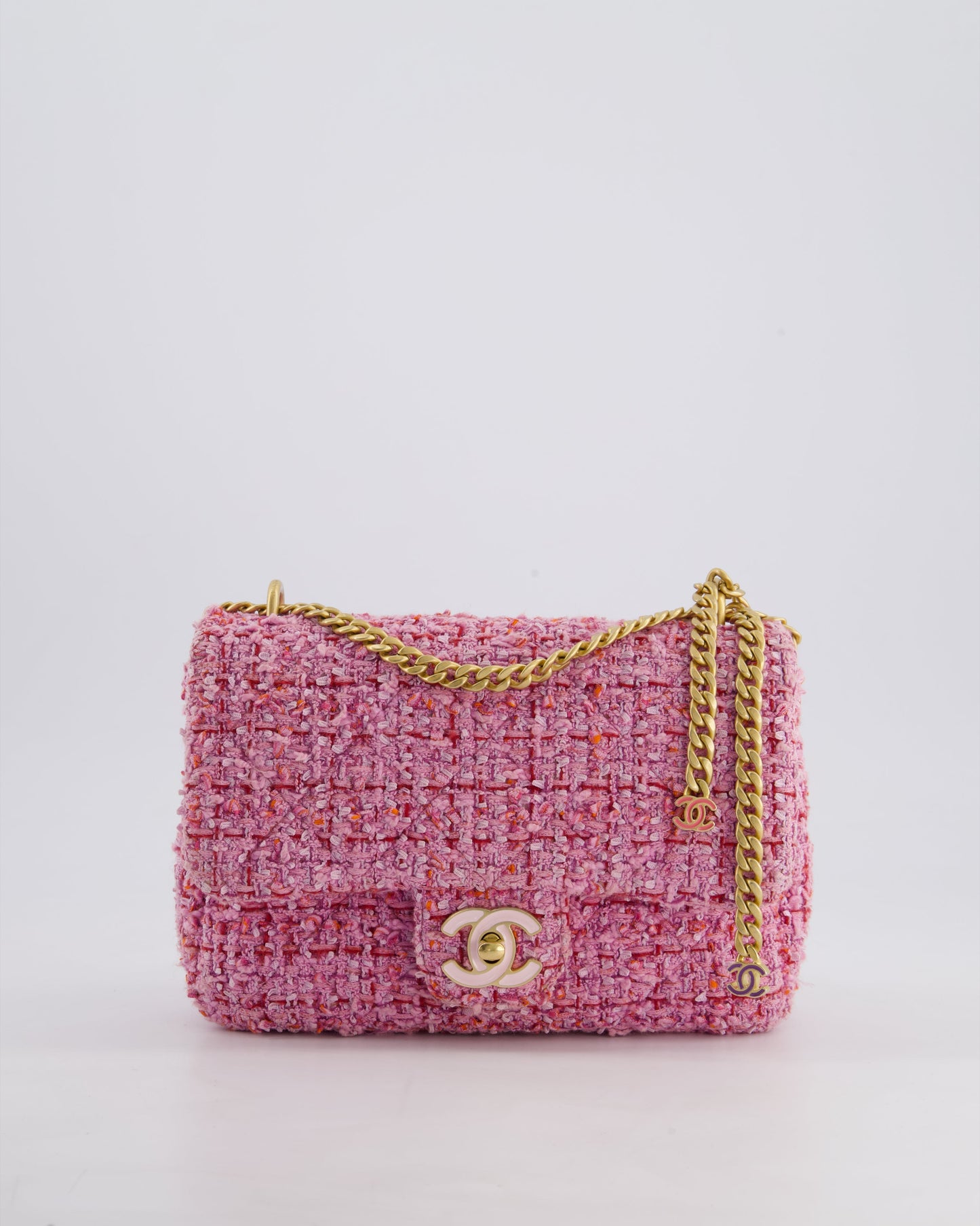 Chanel Pink & Lilac Tweed Seasonal Single Flap Bag with Brushed Gold Hardware & Pink CC Logo
