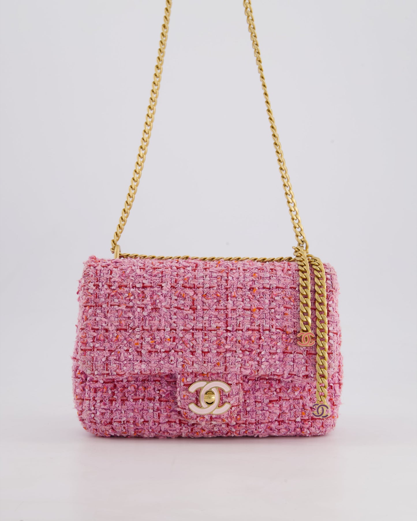 Chanel Pink & Lilac Tweed Seasonal Single Flap Bag with Brushed Gold Hardware & Pink CC Logo