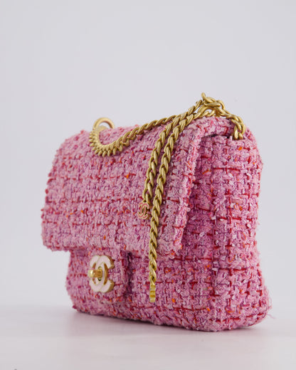 Chanel Pink & Lilac Tweed Seasonal Single Flap Bag with Brushed Gold Hardware & Pink CC Logo